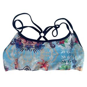 Onzie Blue Tropical Floral Sports Bra Athletic Athleisure Crossover Straps